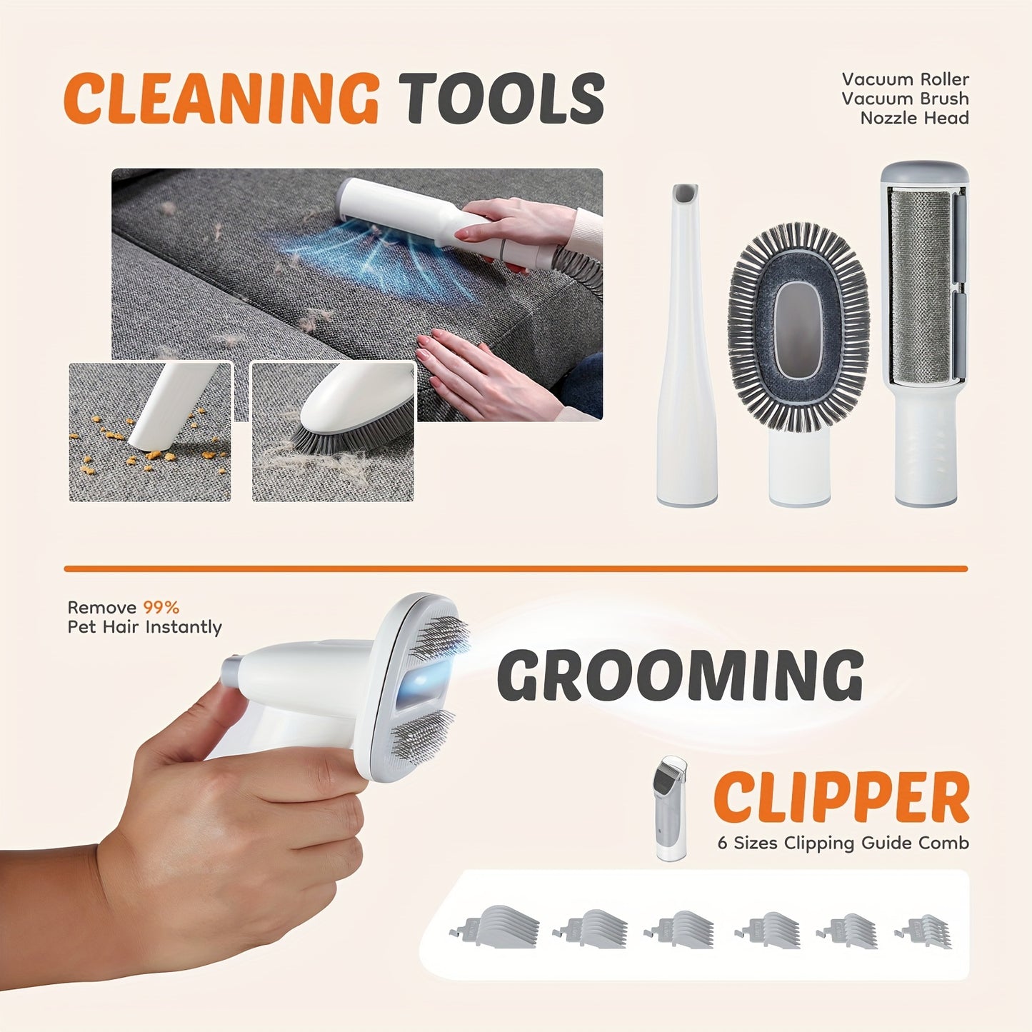 Pet Grooming Vacuum Kit 5 in 1, Vacuum Suction Strong Power 99% Pet Hair, Professional Clippers with 6 Guide Combs, Mulifunctional Grooming Tools for Dogs Cats and Other Animals