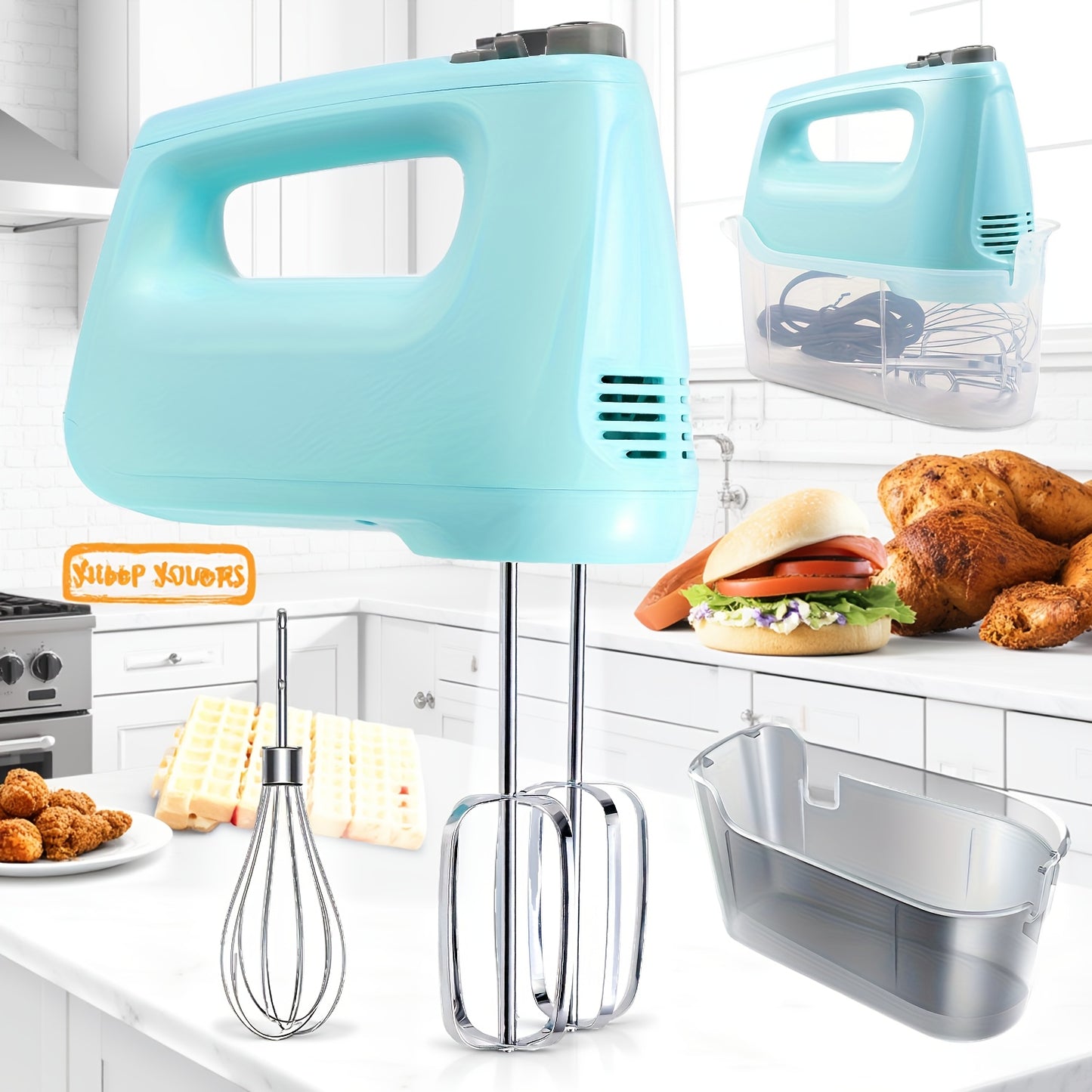 Hand Mixer, 350W Handheld Mixer With Storage Case 5-Speed Plus Turbo Hand Mixer Electric With 5 Stainless Steel Attachments(2 Beaters, 2 Dough Hooks And 1 Whisk), Silver - ViralGenius Store
