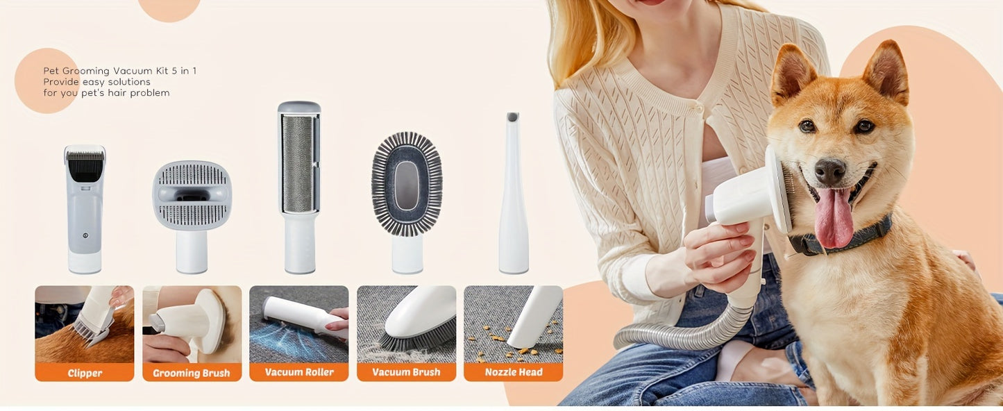 Pet Grooming Vacuum Kit 5 in 1, Vacuum Suction Strong Power 99% Pet Hair, Professional Clippers with 6 Guide Combs, Mulifunctional Grooming Tools for Dogs Cats and Other Animals