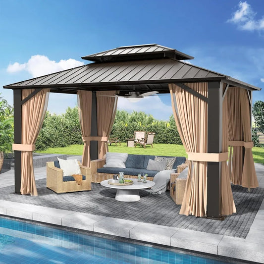 10’x12’ Hardtop Gazebo, Galvanized Steel Double Roof Canopy with Aluminum Frame, Outdoor Pavilion with Nettings and Curtains - ViralGenius Store