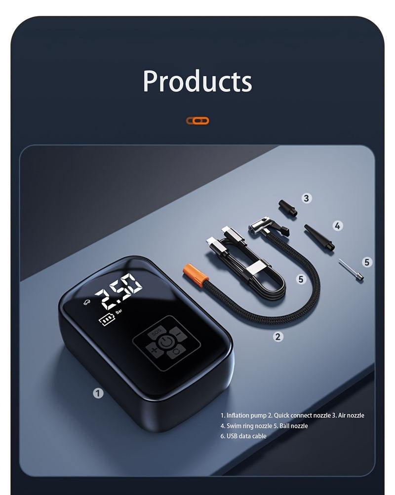 1pc Portable Tire Inflator with Digital Display - Fast Cordless Air Compressor, USB Rechargeable, Multi-Function Nozzle Adapter, Long-Lasting Lithium Battery for Car, Motorcycle, Bicycle Tires & Balls - Auto Parts, Tire Infla - ViralGenius Store