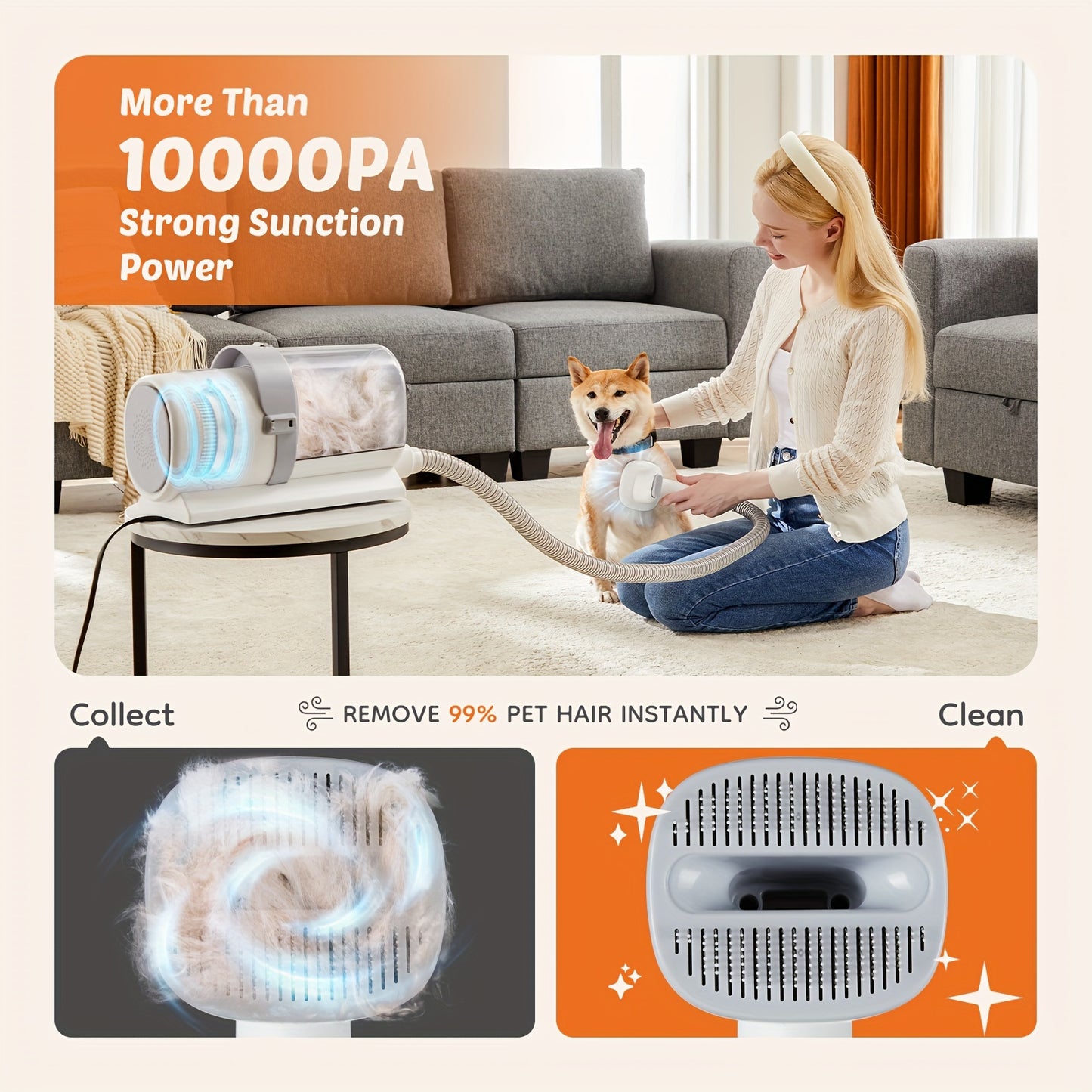 Pet Grooming Vacuum Kit 5 in 1, Vacuum Suction Strong Power 99% Pet Hair, Professional Clippers with 6 Guide Combs, Mulifunctional Grooming Tools for Dogs Cats and Other Animals