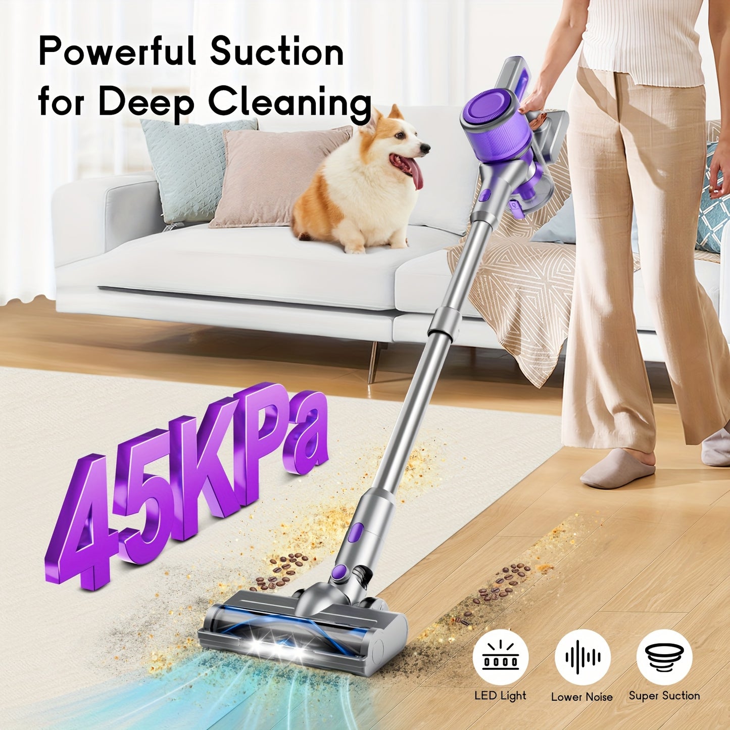Cordless Vacuum Cleaner, 35000-46000PA Powerful Stick Vacuum, Rechargeable Battery, Vacuum Cleaners for Home Anti-Tangled Lightweight Handheld for Hardwood Floor, Carpets, Pet Hair - ViralGenius Store