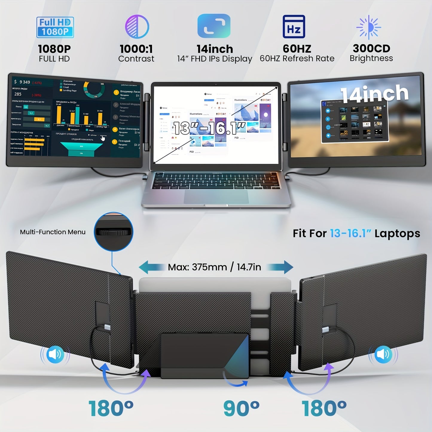 Laptop Screen Extender | 15.6/14 Inch | 1080P FHD | Triple/Single Portable Monitor with Built-In Speakers And Adjustable Stand, IPS Display, Ultra-Narrow Bezel, Wide Viewing Angle, Plug And Play | Compatible with Windows, Mac - ViralGenius Store