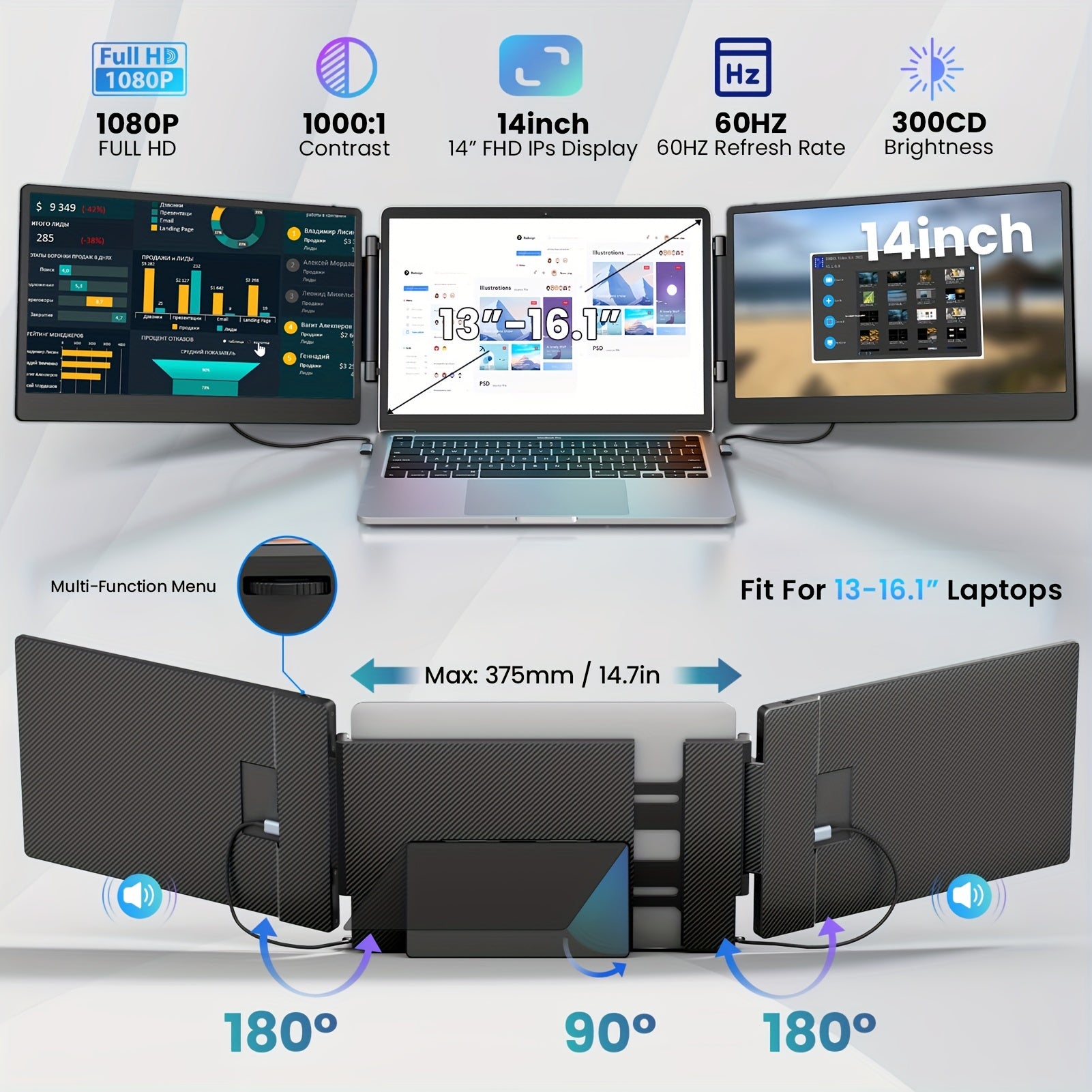 Laptop Screen Extender | 15.6/14 Inch | 1080P FHD | Triple/Single Portable Monitor with Built-In Speakers And Adjustable Stand, IPS Display, Ultra-Narrow Bezel, Wide Viewing Angle, Plug And Play | Compatible with Windows, Mac - ViralGenius Store