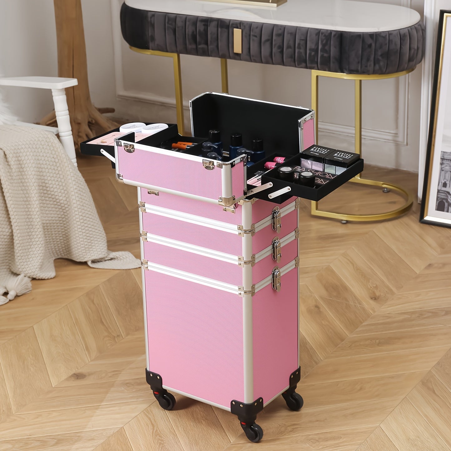 4in 1 Aluminum Cosmetic Professional Makeup Case Tattoo Box, Extra Large Cosmetic Case Rolling Makeup Case Trolley Makeup Travel Organizer with 360° Swivel Wheels Pink Black - ViralGenius Store