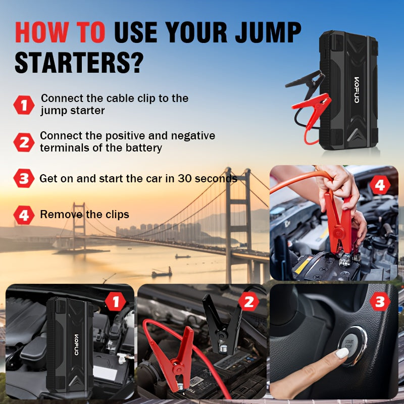 Portable Car Jump Starter Emergency Power Bank - 12V Battery Booster Charger for 1.59gal Gasoline And 1.32gal Diesel Engines - with Flashlight - for Cars, Motorcycles, SUVs - Safely Jump-Start A Dead Battery In Seconds, Carga - ViralGenius Store
