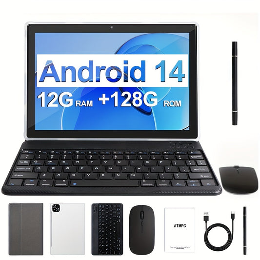 Tablet 10.1 Inch Android 14 OS Pad, 2in 1 Pad with Keyboard, Mouse, Case, Stylus, 128GB ROM 12GB 4GB+8GB Expanded RAM, Dual Camera, Eight Core Processor, 1280 * 800 IPS High-definition Display Screen, GMS Tab, 5G Wi Fi 6, Goo