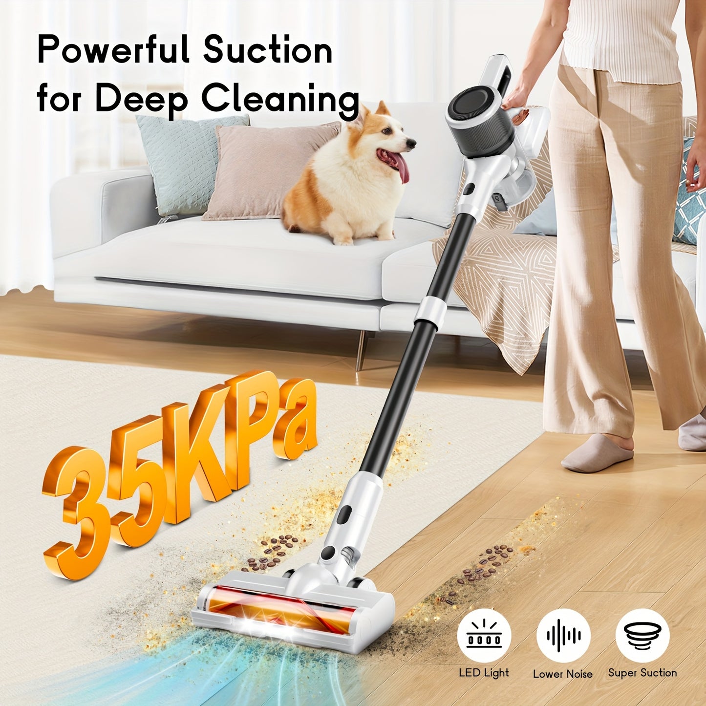 Cordless Vacuum Cleaner, 35000-46000PA Powerful Stick Vacuum, Rechargeable Battery, Vacuum Cleaners for Home Anti-Tangled Lightweight Handheld for Hardwood Floor, Carpets, Pet Hair - ViralGenius Store