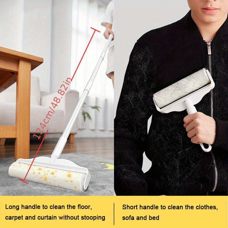 [Efficient Pet Hair Remover] 49" Adjustable Long Handle Pet Hair Removal Roller - Efficient Lint and Dust Cleaning Tool for Home, Sofa, and Pet Surfaces - White with Tear-Off Design