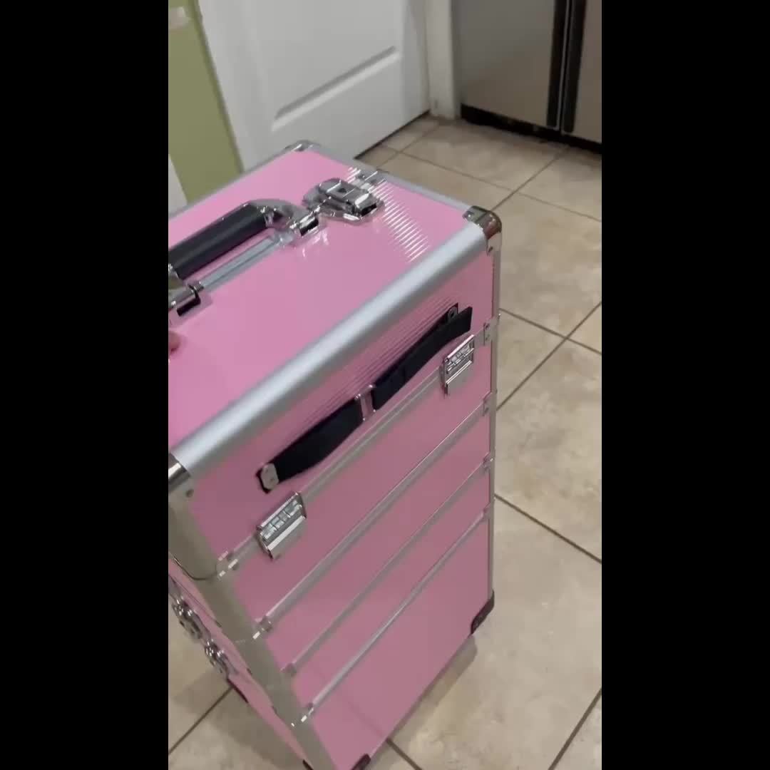 4in 1 Aluminum Cosmetic Professional Makeup Case Tattoo Box, Extra Large Cosmetic Case Rolling Makeup Case Trolley Makeup Travel Organizer with 360° Swivel Wheels Pink Black - ViralGenius Store