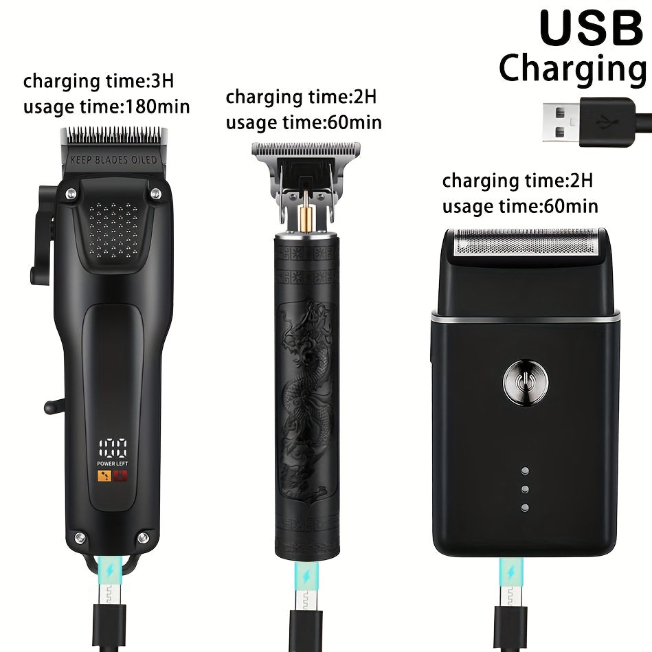 3pcs Men'S Professional Hair & Beard Grooming Kit - Cordless Clippers with LED Display, Precision Trimmer Set, USB Rechargeable, For Home, Perfect Holiday Gift - ViralGenius Store