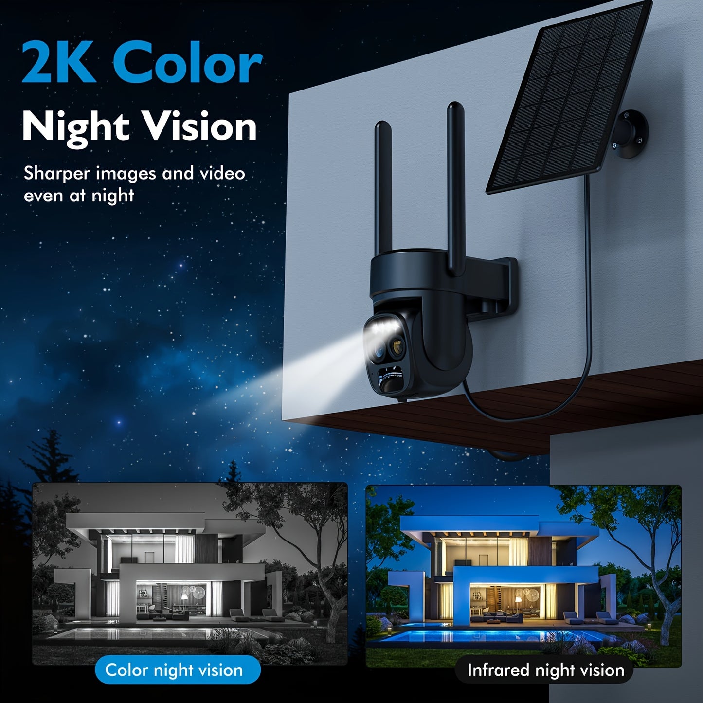 Hawkray [10x Zoom] 360-degree Low-power Cctv Solar Panel Battery 2K FHD WiFi Camrea With Spotlight Alarm, Motion Detection, Color Night Vision, Two-way Audio And