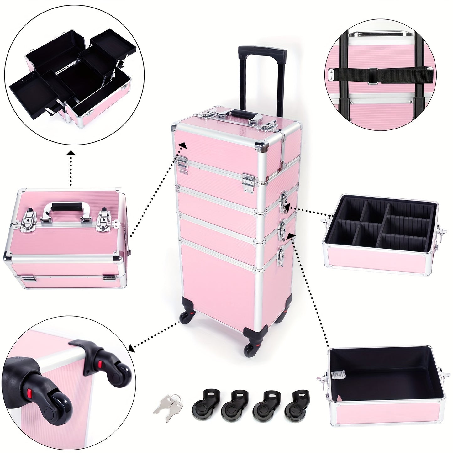 4in 1 Aluminum Cosmetic Professional Makeup Case Tattoo Box, Extra Large Cosmetic Case Rolling Makeup Case Trolley Makeup Travel Organizer with 360° Swivel Wheels Pink Black - ViralGenius Store