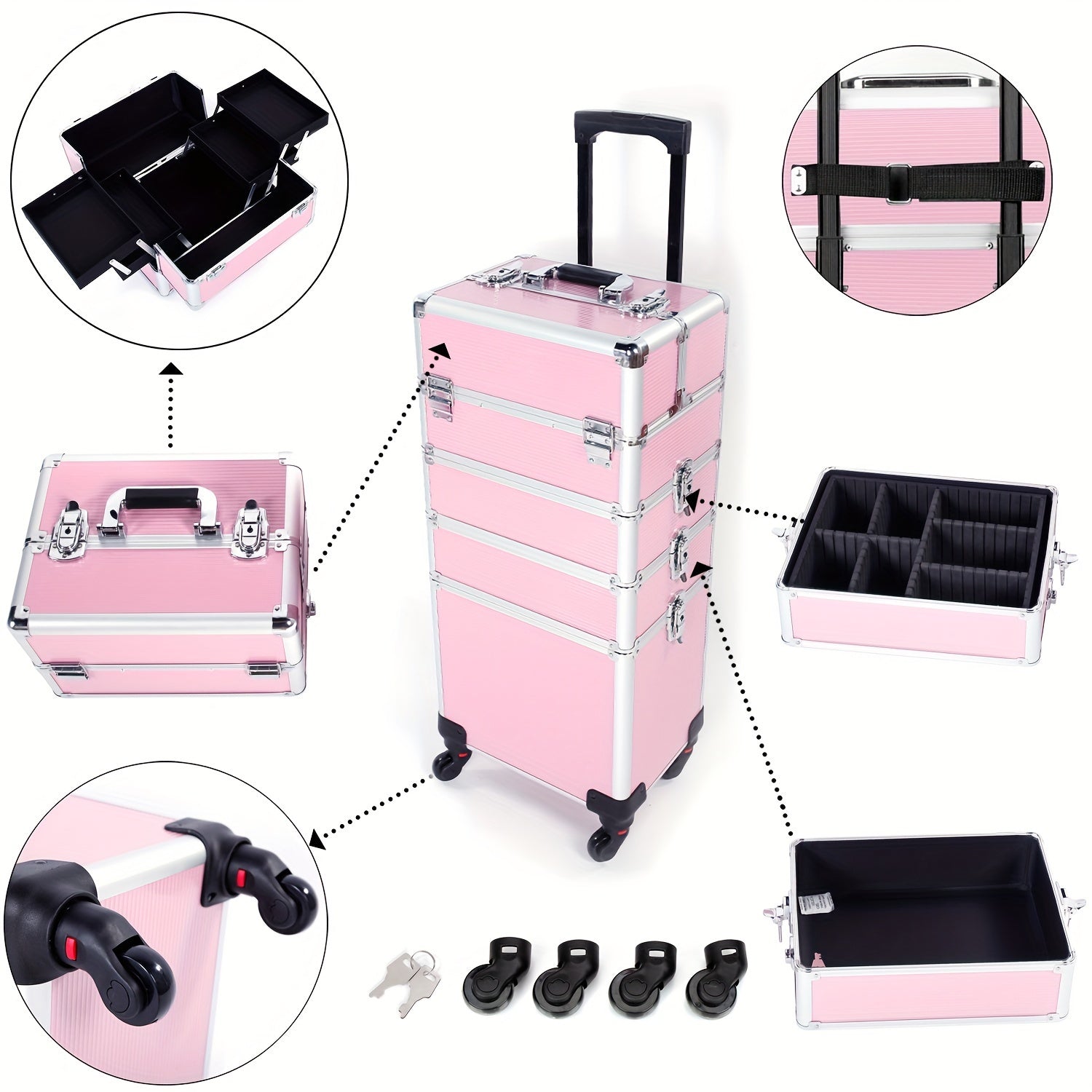 4in 1 Aluminum Cosmetic Professional Makeup Case Tattoo Box, Extra Large Cosmetic Case Rolling Makeup Case Trolley Makeup Travel Organizer with 360° Swivel Wheels Pink Black - ViralGenius Store