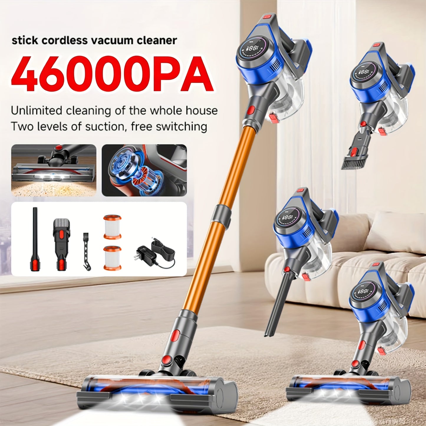 Cordless Vacuum Cleaner, 35000-46000PA Powerful Stick Vacuum, Rechargeable Battery, Vacuum Cleaners for Home Anti-Tangled Lightweight Handheld for Hardwood Floor, Carpets, Pet Hair - ViralGenius Store