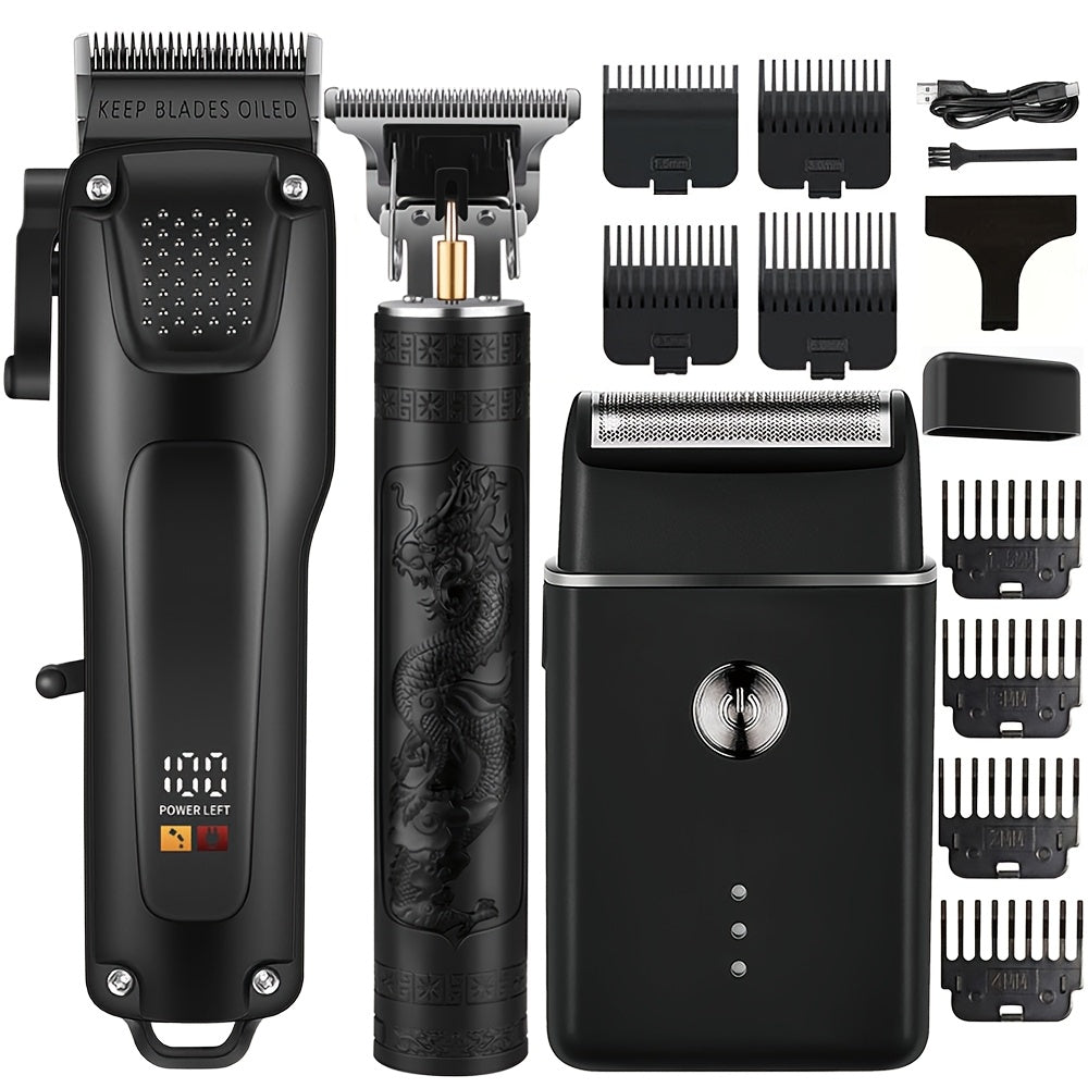 3pcs Men'S Professional Hair & Beard Grooming Kit - Cordless Clippers with LED Display, Precision Trimmer Set, USB Rechargeable, For Home, Perfect Holiday Gift - ViralGenius Store