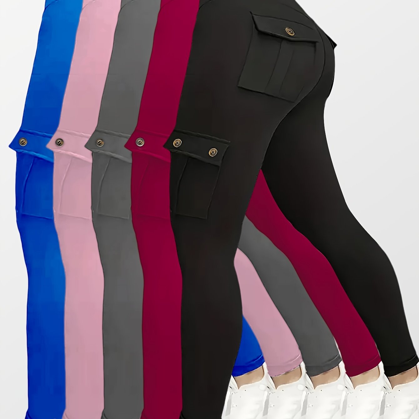 5pcs Set Women's High-Waisted Yoga Leggings with Belt Pockets & Button Closure - Full-Length Zipper-Free Design, Solid Colors (Black, Navy Blue, Gray, Pink, Red) - Heavy-Duty Compression Workout Pants for Gym, Running, Traini - ViralGenius Store