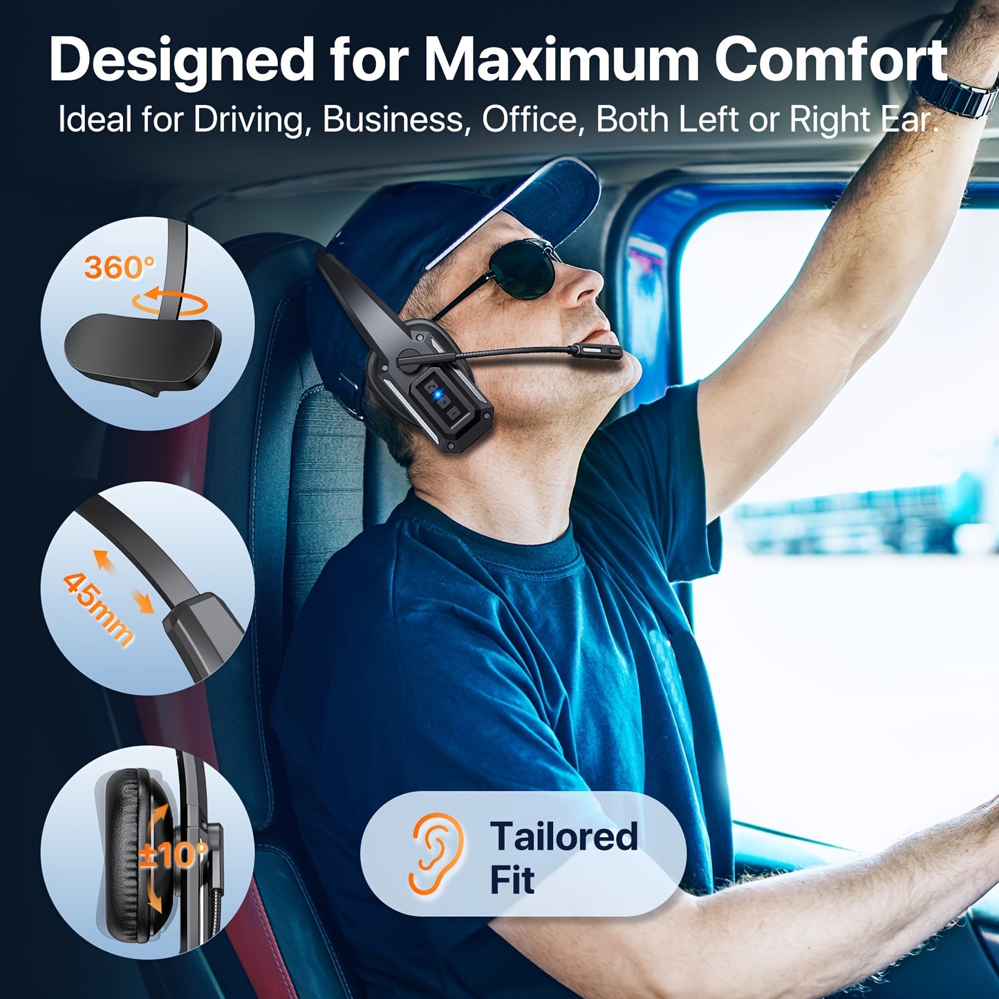 [Trucker Headset] Trucker Headset, 55Hrs Working Time 36Hrs Talking Time Wireless Headphone with Dual Noise Cancelling Microphone Headset for PC Cell Phones, Computer, Truck Driver - ViralGenius Store