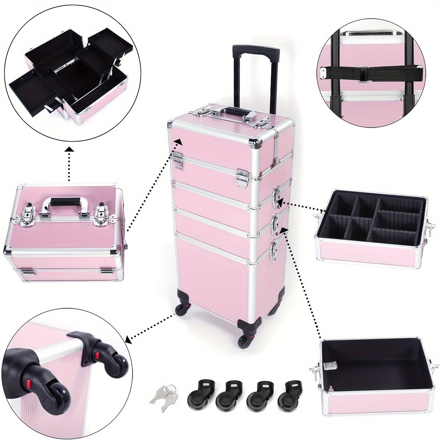 4in 1 Aluminum Cosmetic Professional Makeup Case Tattoo Box, Extra Large Cosmetic Case Rolling Makeup Case Trolley Makeup Travel Organizer with 360° Swivel Wheels Pink Black - ViralGenius Store