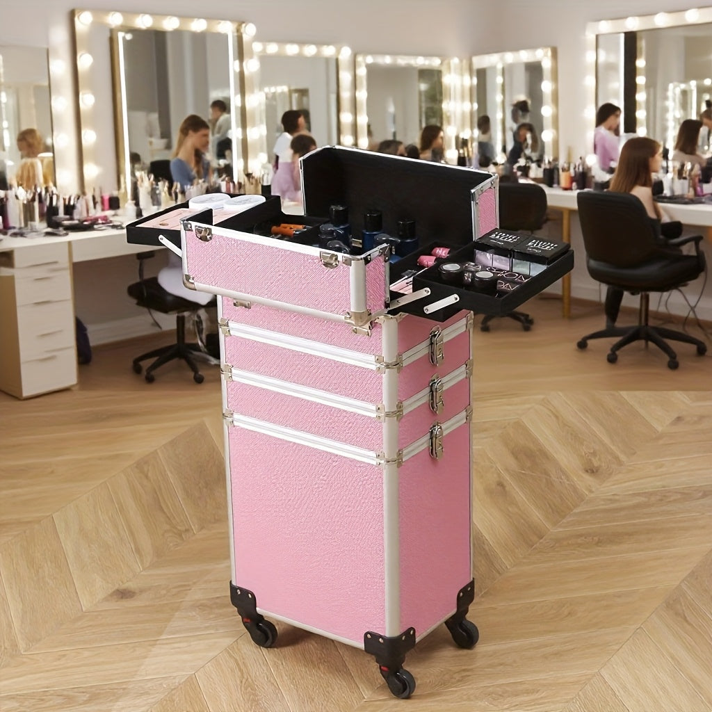 4in 1 Aluminum Cosmetic Professional Makeup Case Tattoo Box, Extra Large Cosmetic Case Rolling Makeup Case Trolley Makeup Travel Organizer with 360° Swivel Wheels Pink Black - ViralGenius Store