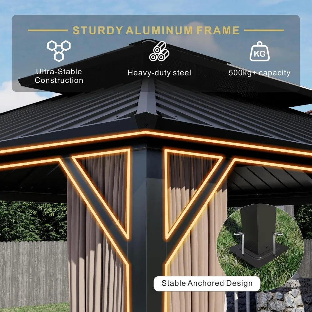 10’x12’ Hardtop Gazebo, Galvanized Steel Double Roof Canopy with Aluminum Frame, Outdoor Pavilion with Nettings and Curtains - ViralGenius Store