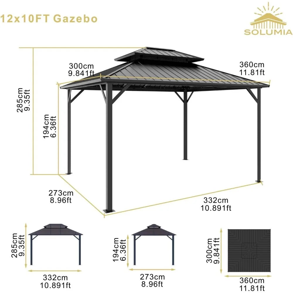 10’x12’ Hardtop Gazebo, Galvanized Steel Double Roof Canopy with Aluminum Frame, Outdoor Pavilion with Nettings and Curtains - ViralGenius Store