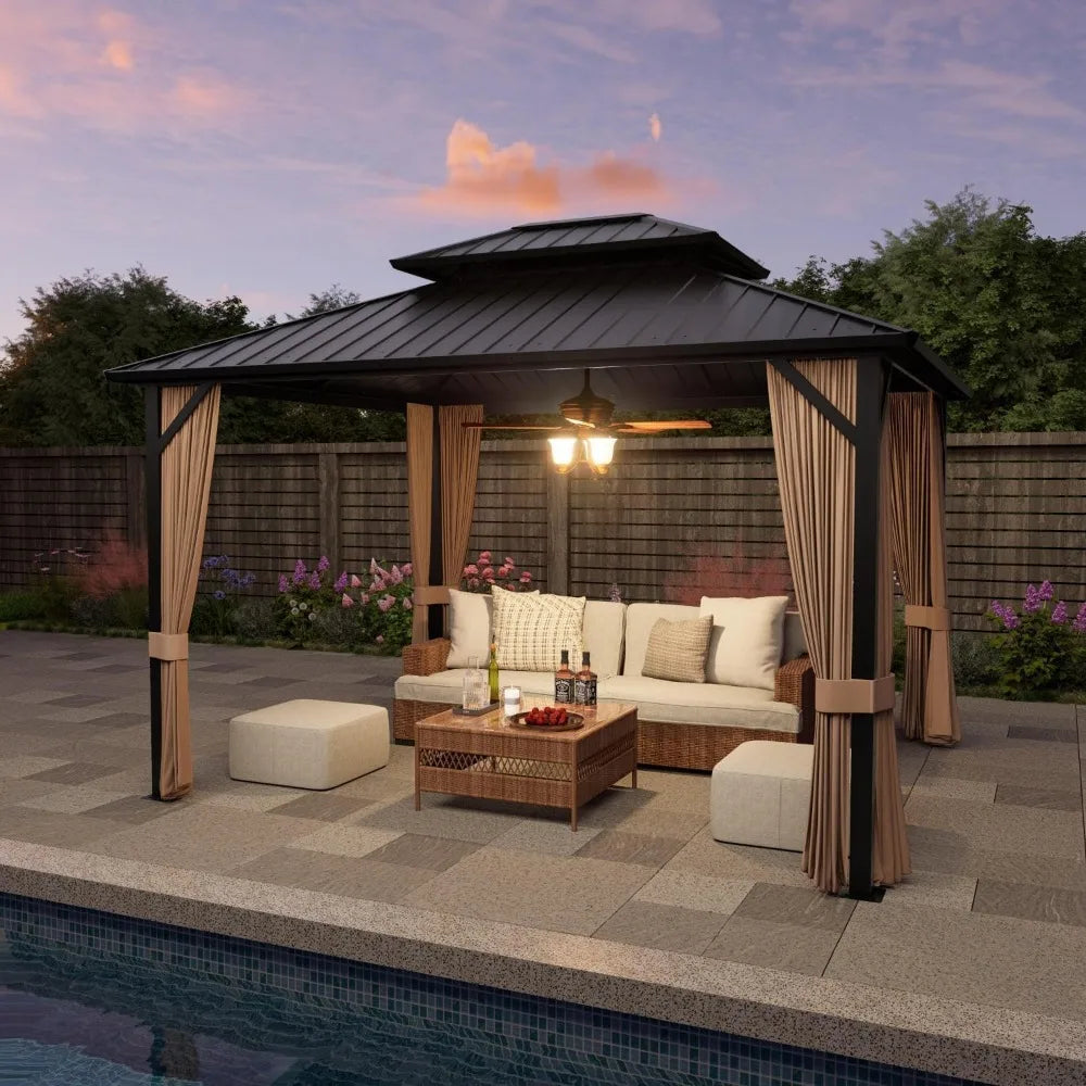 10’x12’ Hardtop Gazebo, Galvanized Steel Double Roof Canopy with Aluminum Frame, Outdoor Pavilion with Nettings and Curtains - ViralGenius Store