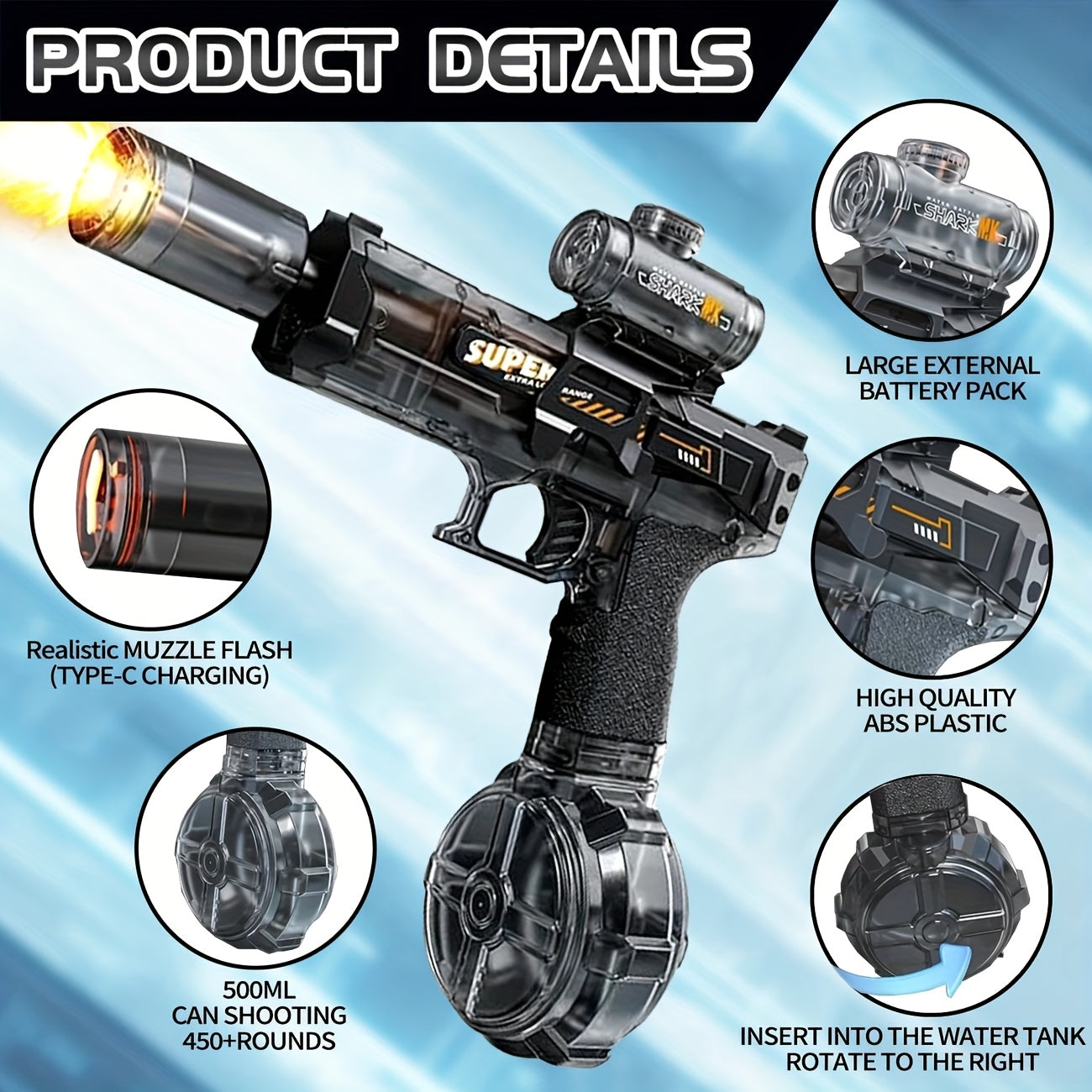 2025 Rapid Fire Super Soaker Electric Water Gun 2pcs - Upgraded High-Speed Pump, 314.96inch Range And LED Flash Mouth | Drum-Shaped Water Tank | Perfect for Pool Parties, Beach Battles, Family Fun - ViralGenius Store