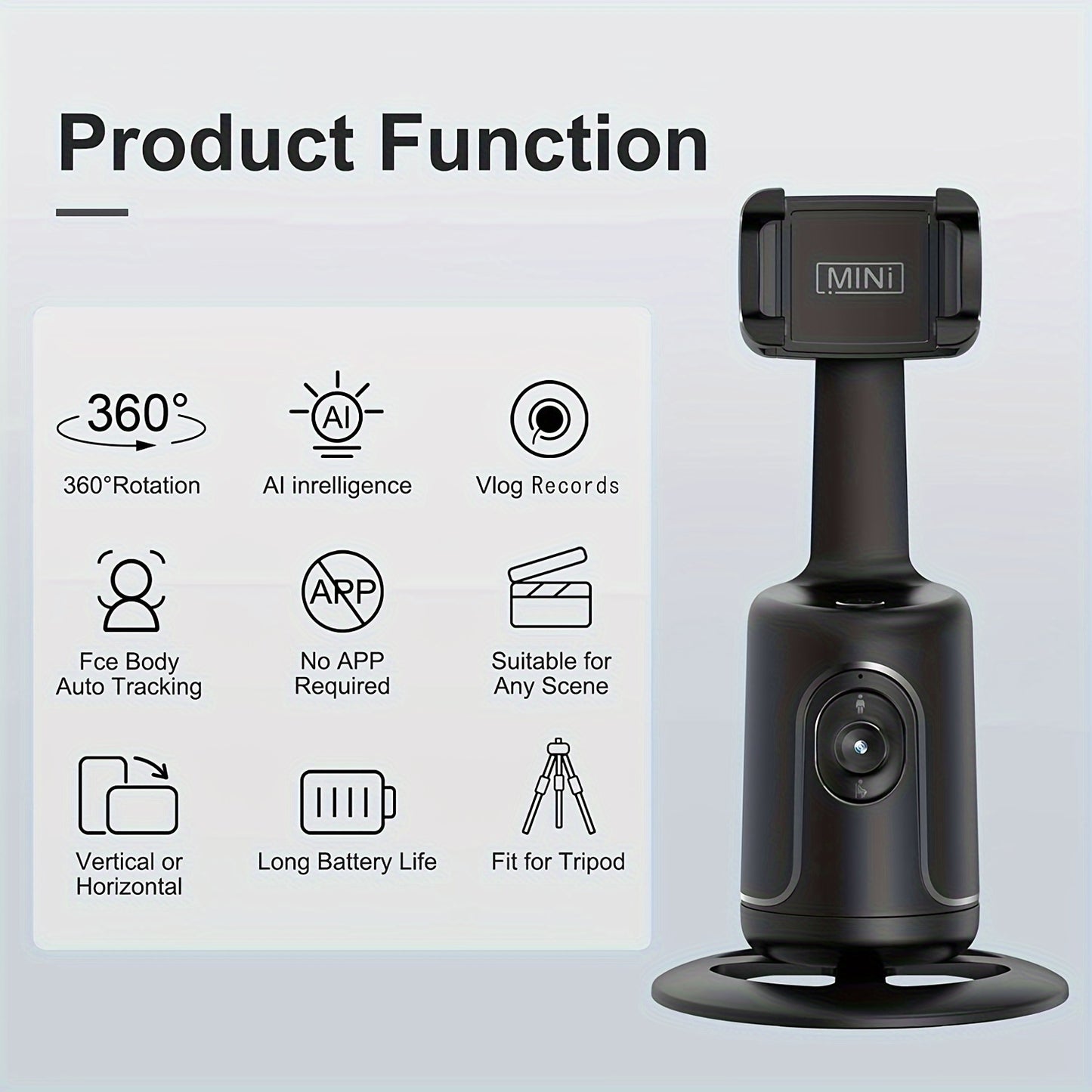 HKXYK Face Tracking Tripod, Desktop Gimbal, No App Required, 360° Rotation Face Body Phone Camera, Mount Smart Phone Tracking Holder for Live Vlog Streaming Video, Rechargeable Battery-Black