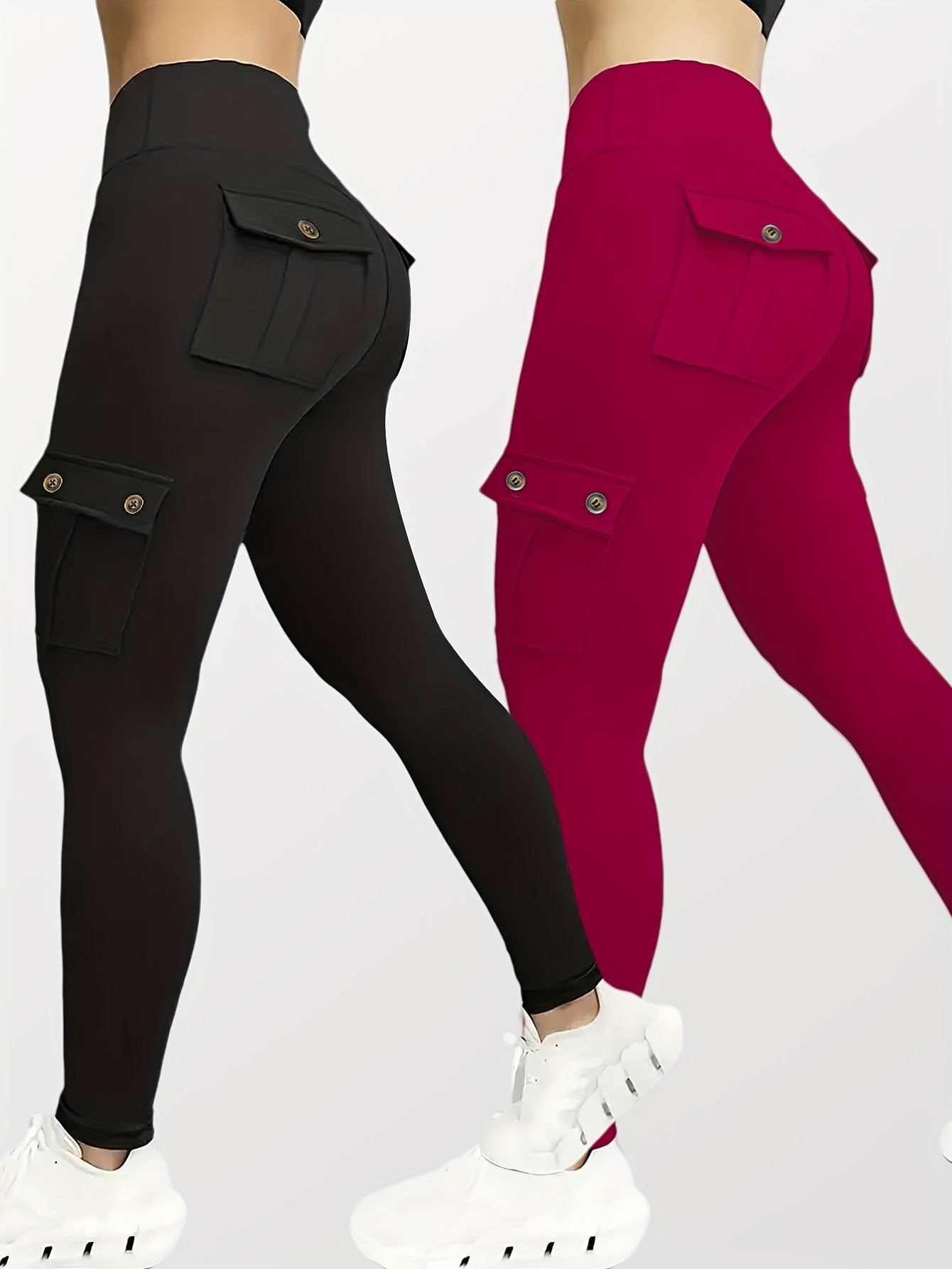 5pcs Set Women's High-Waisted Yoga Leggings with Belt Pockets & Button Closure - Full-Length Zipper-Free Design, Solid Colors (Black, Navy Blue, Gray, Pink, Red) - Heavy-Duty Compression Workout Pants for Gym, Running, Traini - ViralGenius Store