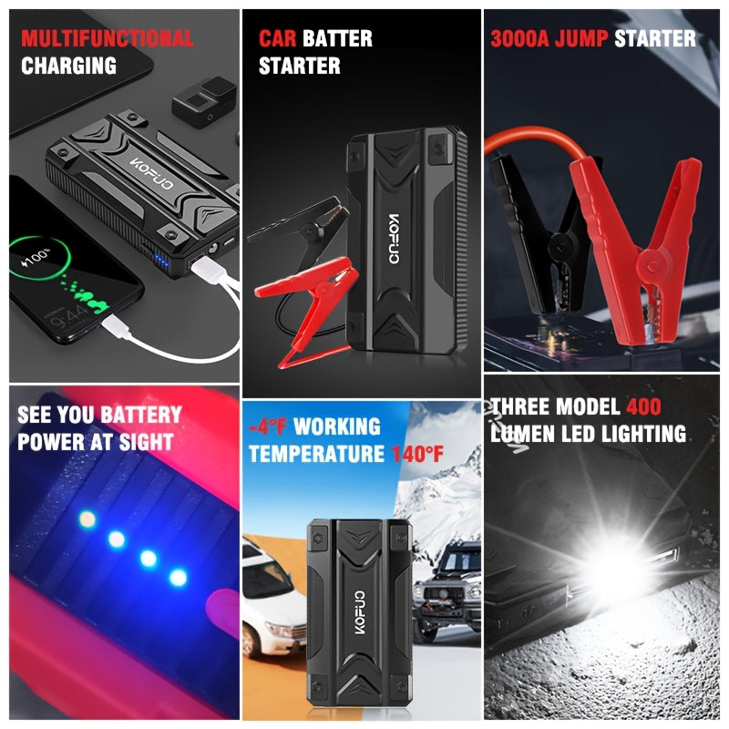 Portable Car Jump Starter Emergency Power Bank - 12V Battery Booster Charger for 1.59gal Gasoline And 1.32gal Diesel Engines - with Flashlight - for Cars, Motorcycles, SUVs - Safely Jump-Start A Dead Battery In Seconds, Carga - ViralGenius Store