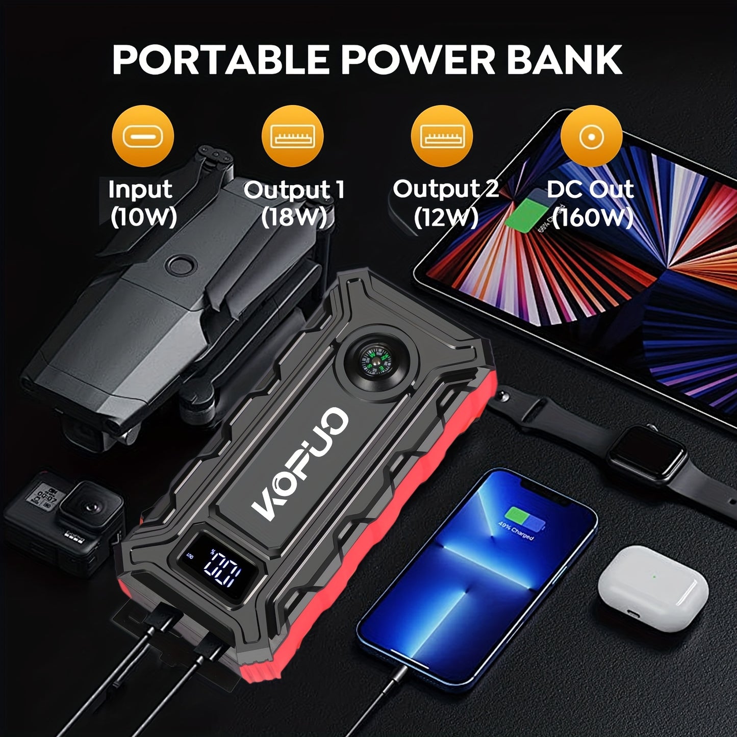 Portable Car Jump Starter Emergency Power Bank - 12V Battery Booster Charger for 1.59gal Gasoline And 1.32gal Diesel Engines - with Flashlight - for Cars, Motorcycles, SUVs - Safely Jump-Start A Dead Battery In Seconds, Carga - ViralGenius Store