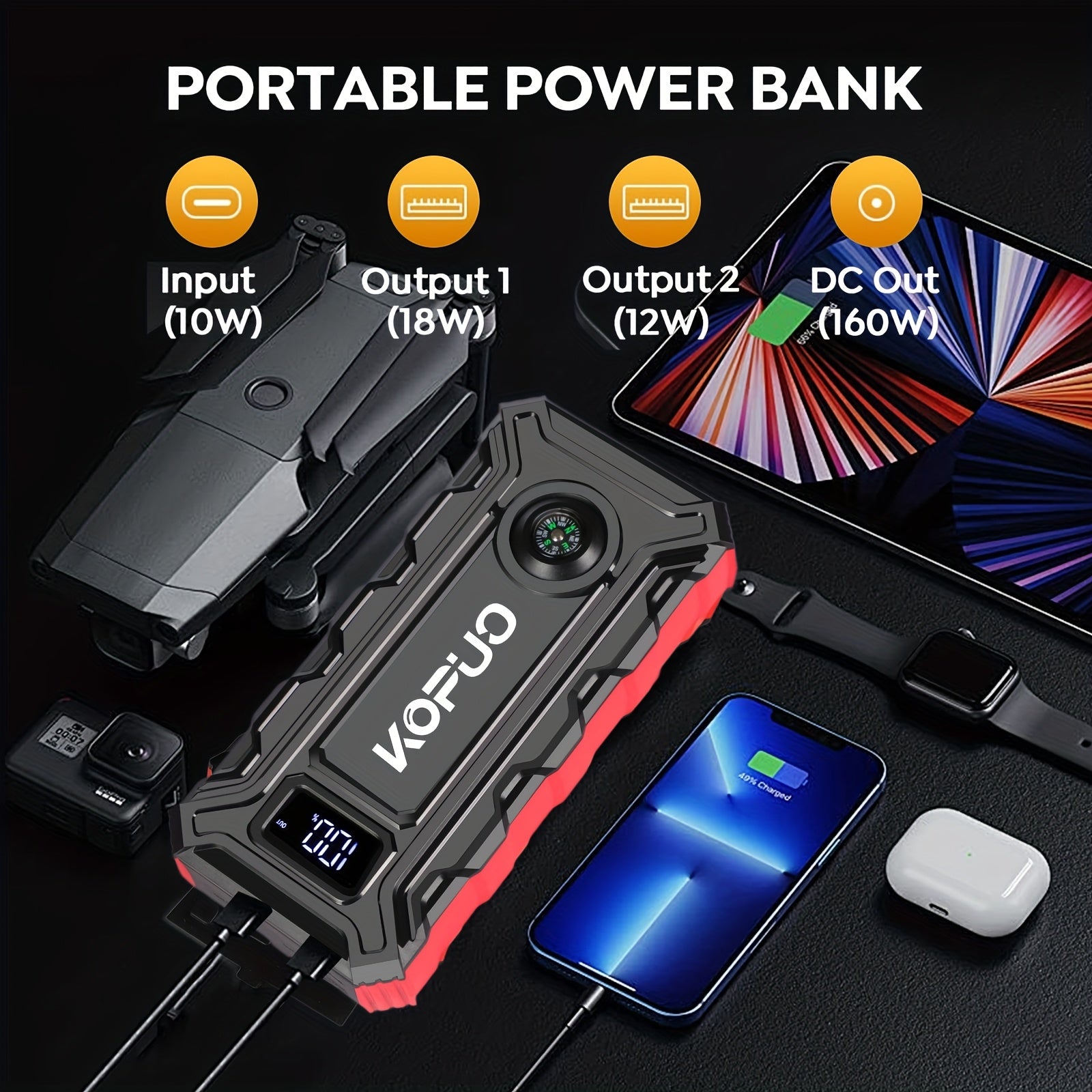 Portable Car Jump Starter Emergency Power Bank - 12V Battery Booster Charger for 1.59gal Gasoline And 1.32gal Diesel Engines - with Flashlight - for Cars, Motorcycles, SUVs - Safely Jump-Start A Dead Battery In Seconds, Carga - ViralGenius Store