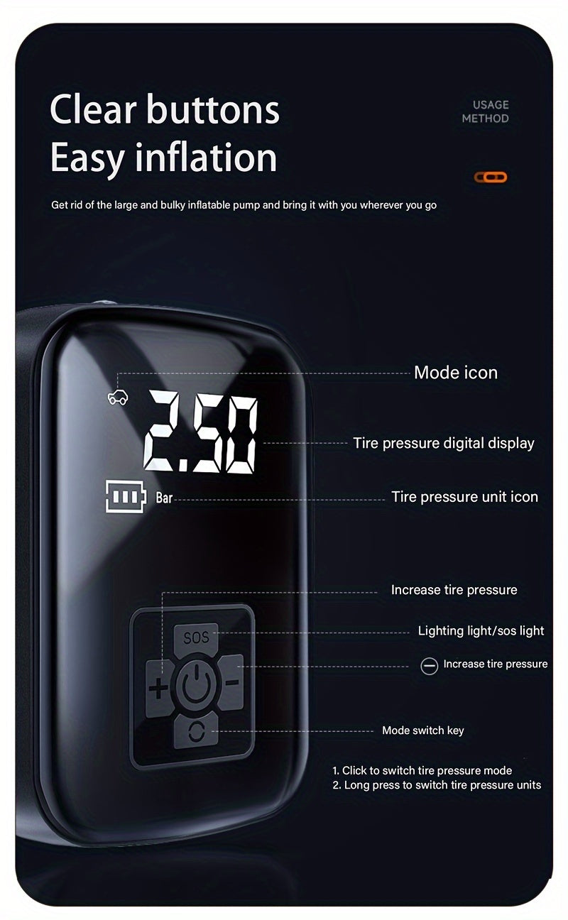 1pc Portable Tire Inflator with Digital Display - Fast Cordless Air Compressor, USB Rechargeable, Multi-Function Nozzle Adapter, Long-Lasting Lithium Battery for Car, Motorcycle, Bicycle Tires & Balls - Auto Parts, Tire Infla - ViralGenius Store