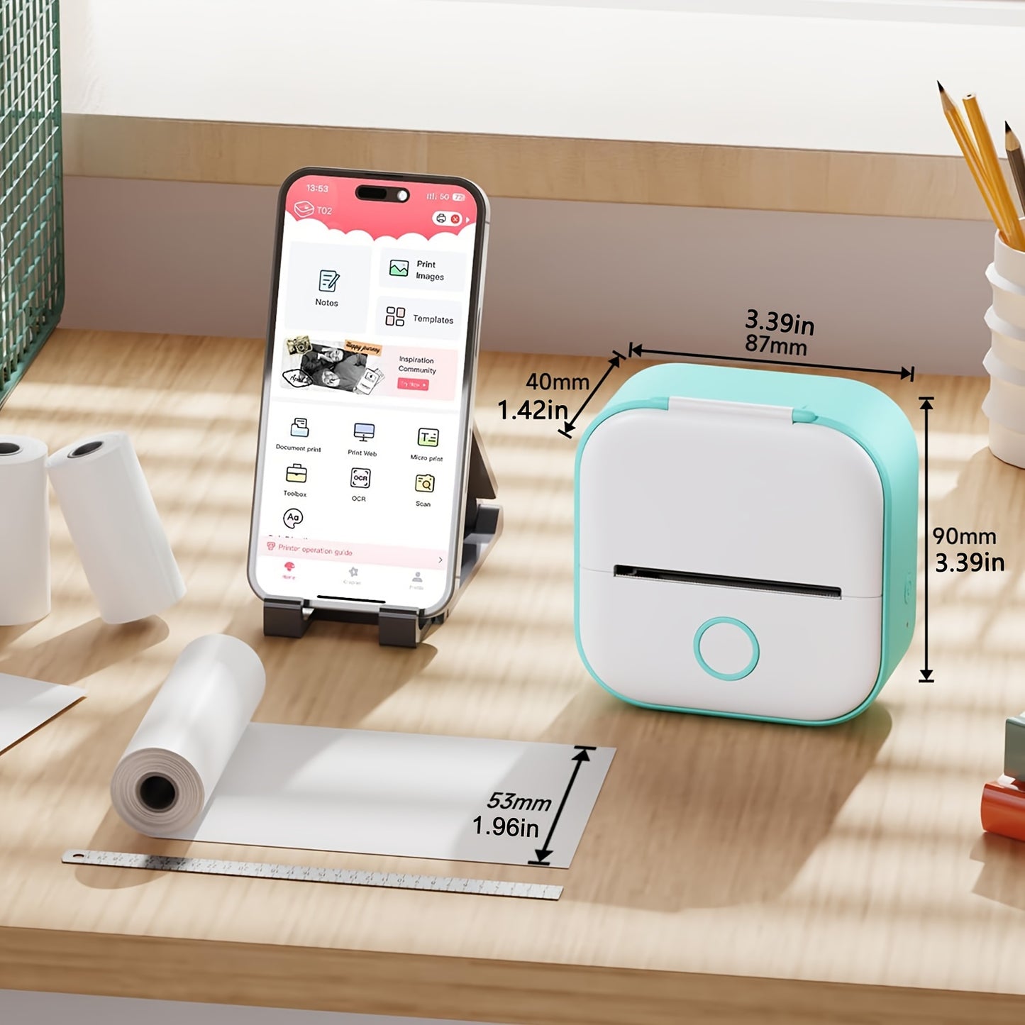 Phomemo T02 Mini Printer - Pocket Printer with 1 Roll of 50mm Sticker Paper, Supports 53mm Thermal Paper, Wireless Label Maker for iPhone, for iPad, for Android, Doodle Dash, Notes, Memo, DIY, Gifts, List