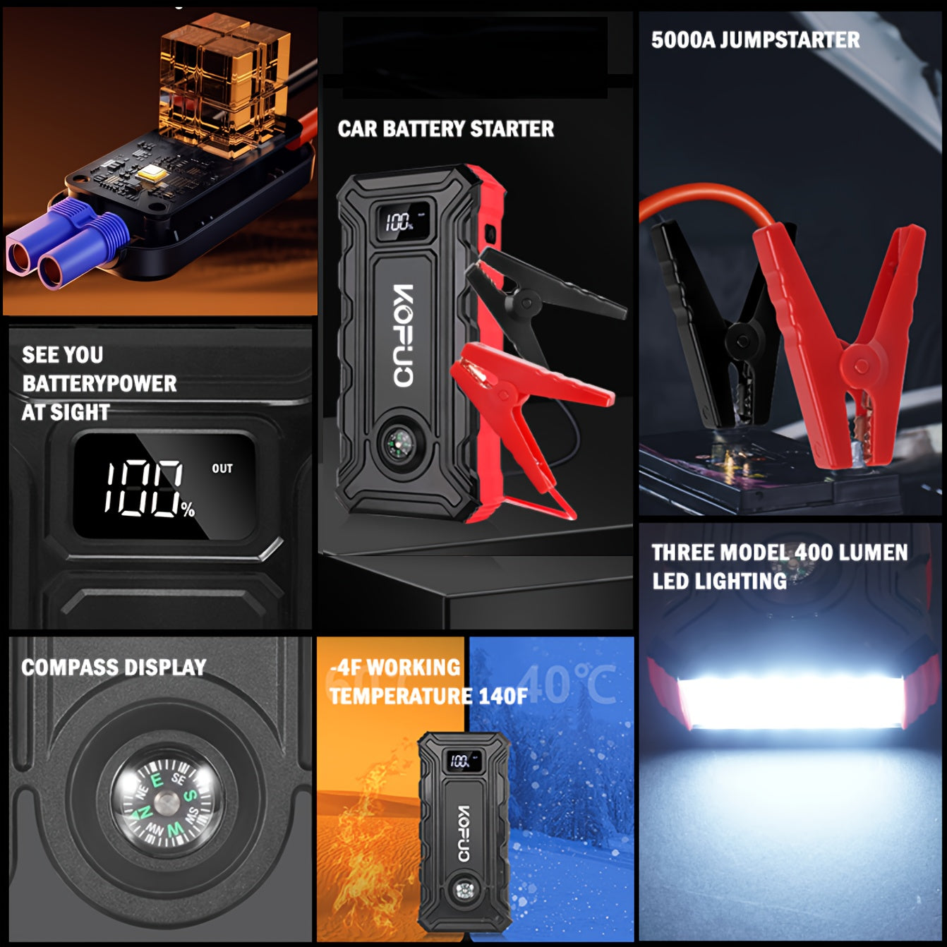 Portable Car Jump Starter Emergency Power Bank - 12V Battery Booster Charger for 1.59gal Gasoline And 1.32gal Diesel Engines - with Flashlight - for Cars, Motorcycles, SUVs - Safely Jump-Start A Dead Battery In Seconds, Carga - ViralGenius Store