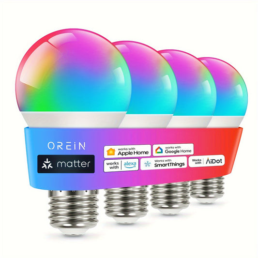 4pcs OREIN Matter Smart LED Light Bulbs - Vibrant Color Changing, Music Sync, WiFi Enabled, Compatible with Apple Home, Alexa, Google Assistant & SmartThings - Ideal for Festive Christmas & Room Decor, 2.4Ghz WiFi, A19, Music